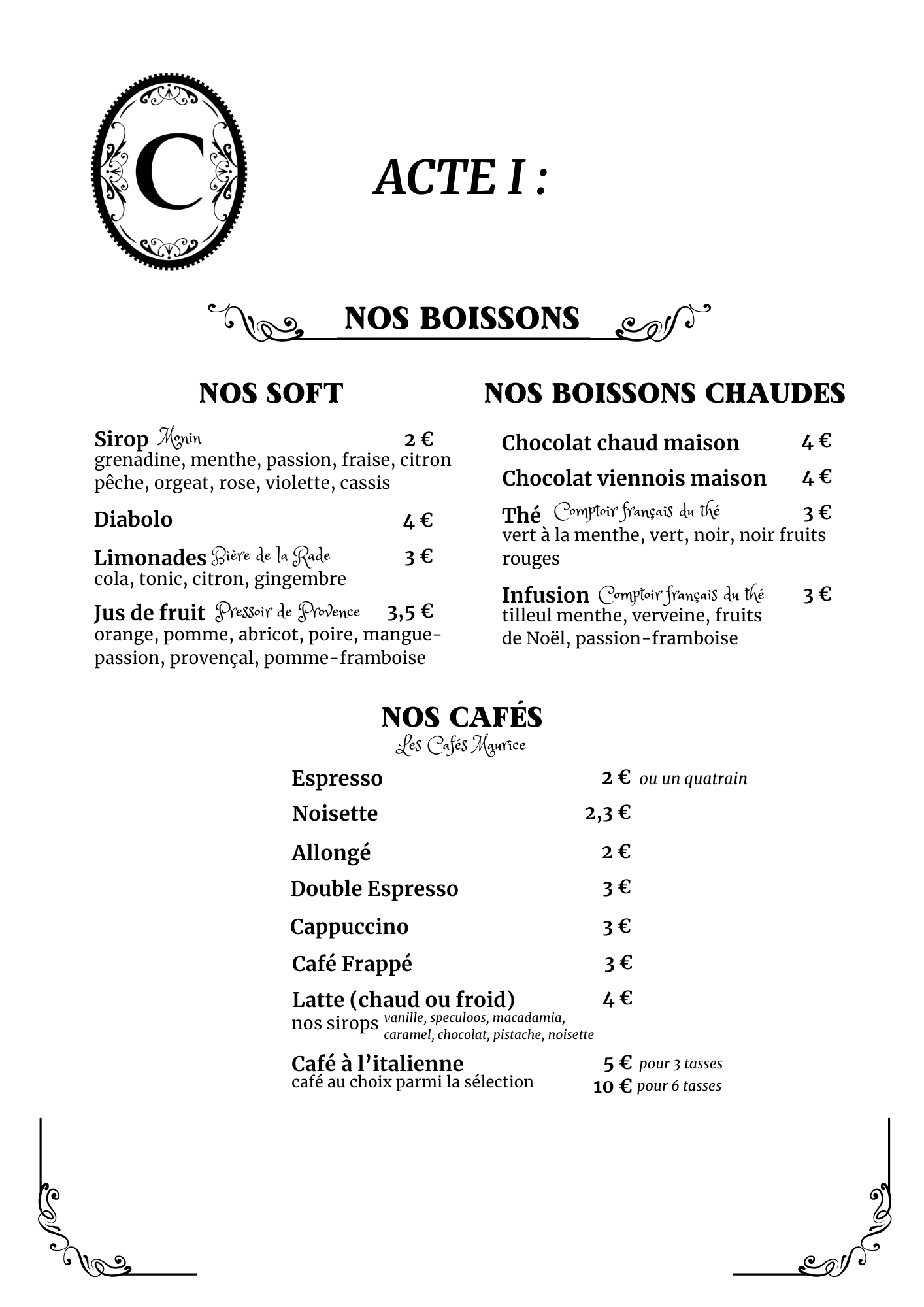 menu cafés thés et chocolats chauds Au Cyrano