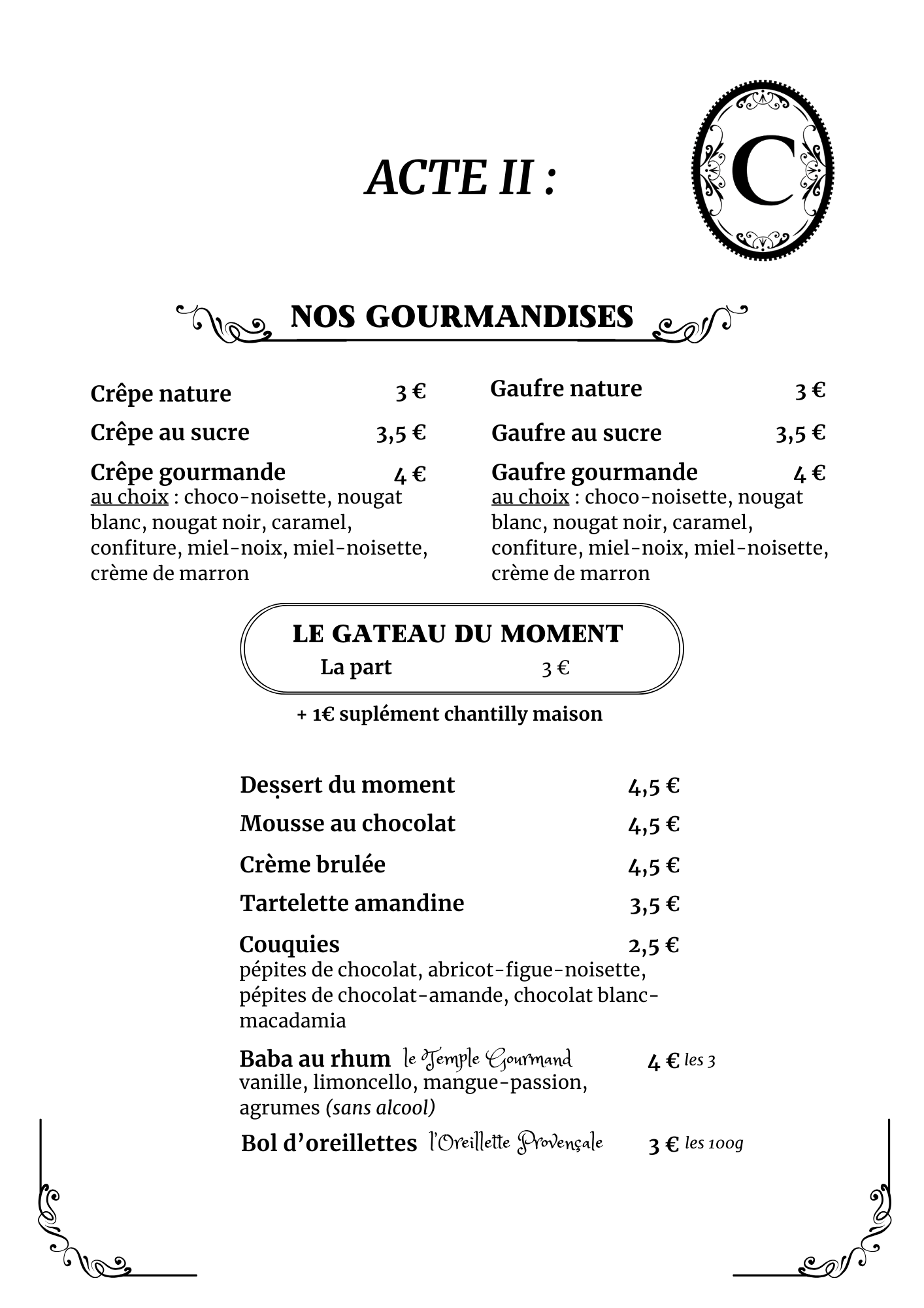 menu crêpes gaufres et desserts Au Cyran